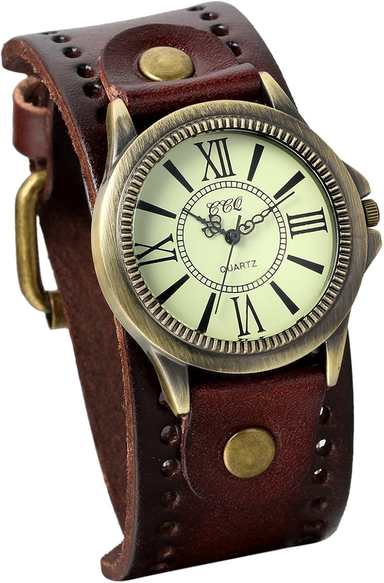 JewelryWe Vintage Wrist Watch Wide Leather Strap Band Cuff Quartz Watches for Men Women, for Father\u2019s Day