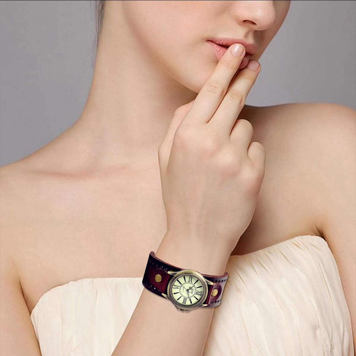 JewelryWe Vintage Wrist Watch Wide Leather Strap Band Cuff Quartz Watches for Men Women, for Father\u2019s Day - Image 4