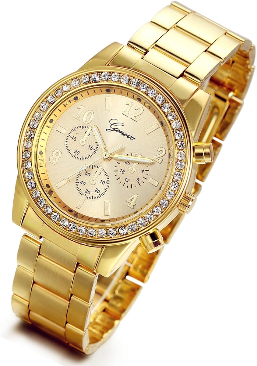 Lancardo Men's Women's Gold Stainless Steel Quartz Rhinestone Wrist Watch for Mother and Father