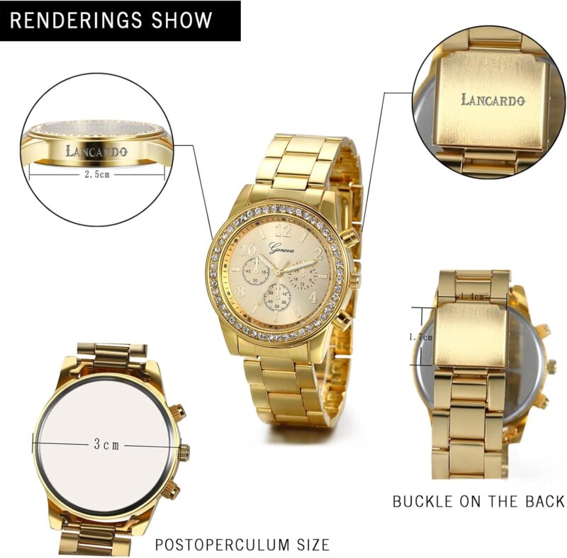 Lancardo Men's Women's Gold Stainless Steel Quartz Rhinestone Wrist Watch for Mother and Father - Image 4