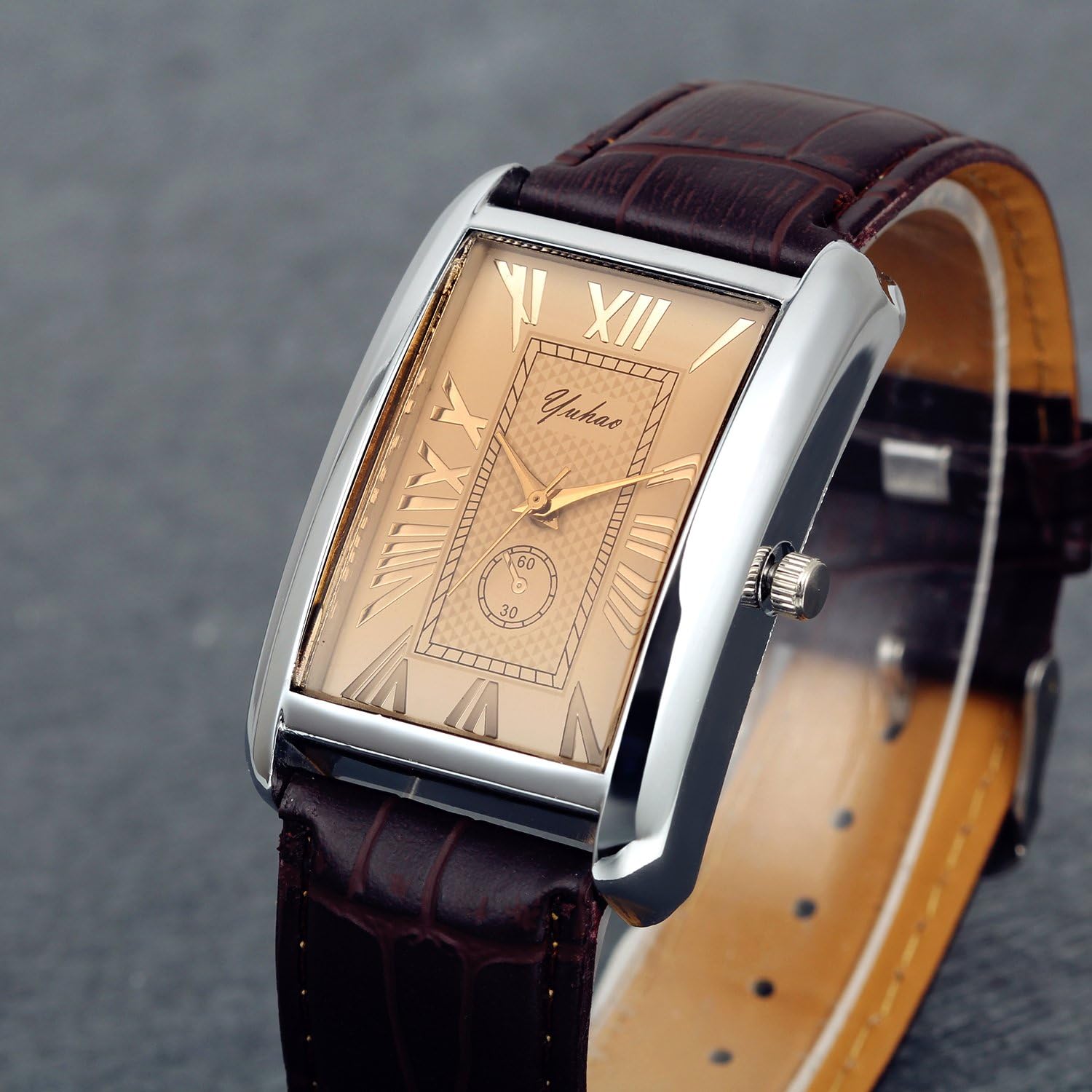 Lancardo Retro Vintage Square Quartz Analog Watch Silver Tone Case Crocodile Pattern Brown Leather Business Casual Dress Wrist Watch for Father's Day - Image 3