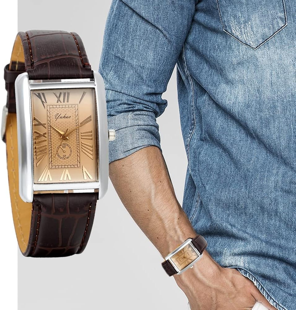 Lancardo Retro Vintage Square Quartz Analog Watch Silver Tone Case Crocodile Pattern Brown Leather Business Casual Dress Wrist Watch for Father's Day - Image 4