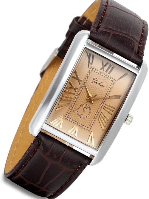 Lancardo Retro Vintage Square Quartz Analog Watch Silver Tone Case Crocodile Pattern Brown Leather Business Casual Dress Wrist Watch for Father's Day