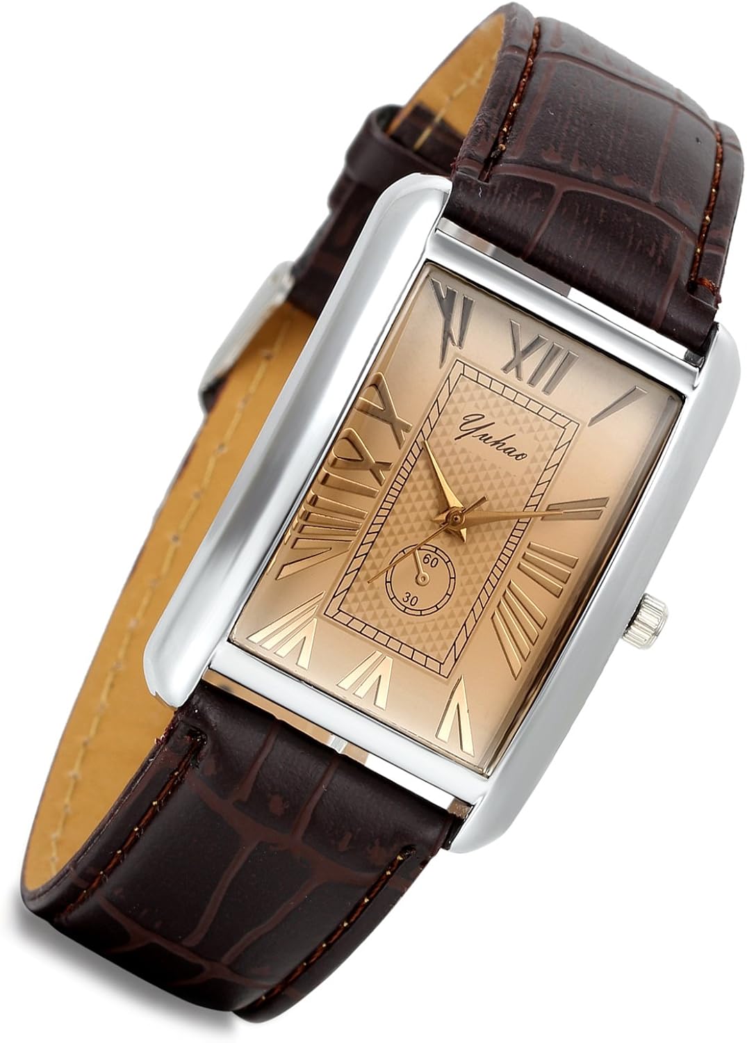 Lancardo Retro Vintage Square Quartz Analog Watch Silver Tone Case Crocodile Pattern Brown Leather Business Casual Dress Wrist Watch for Father's Day