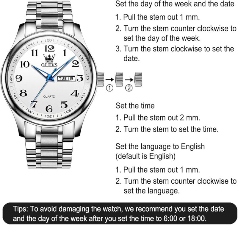 Men's Casual Stainless Steel Watch, Big Face Easy to Read Analog Quartz Watch with Day and Date, Classic Waterproof Diamond Roman Arabic Numerals Dial Dress Watch for Men, Gold Silver Black Band - Image 6