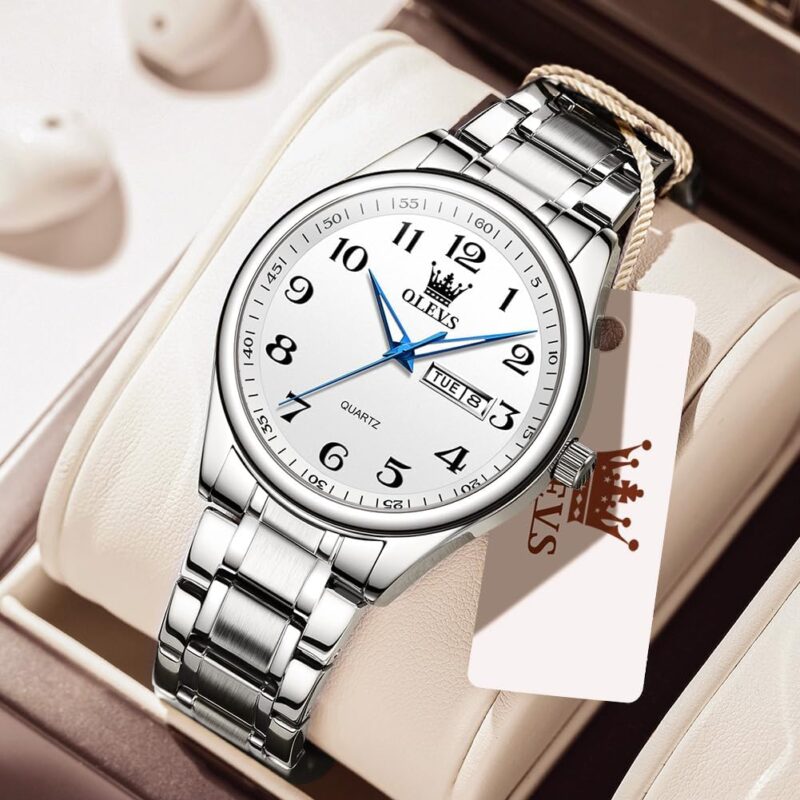 Men's Casual Stainless Steel Watch, Big Face Easy to Read Analog Quartz Watch with Day and Date, Classic Waterproof Diamond Roman Arabic Numerals Dial Dress Watch for Men, Gold Silver Black Band - Image 4