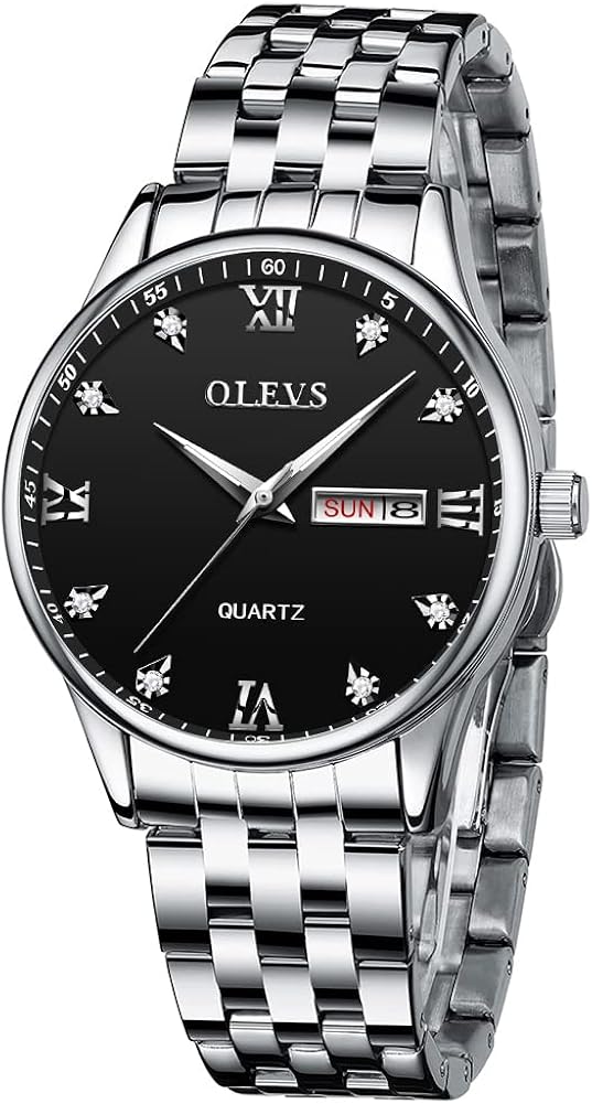 Men's Casual Stainless Steel Watch, Big Face Easy to Read Analog Quartz Watch with Day and Date, Classic Waterproof Diamond Roman Arabic Numerals Dial Dress Watch for Men, Gold Silver Black Band - Image 7