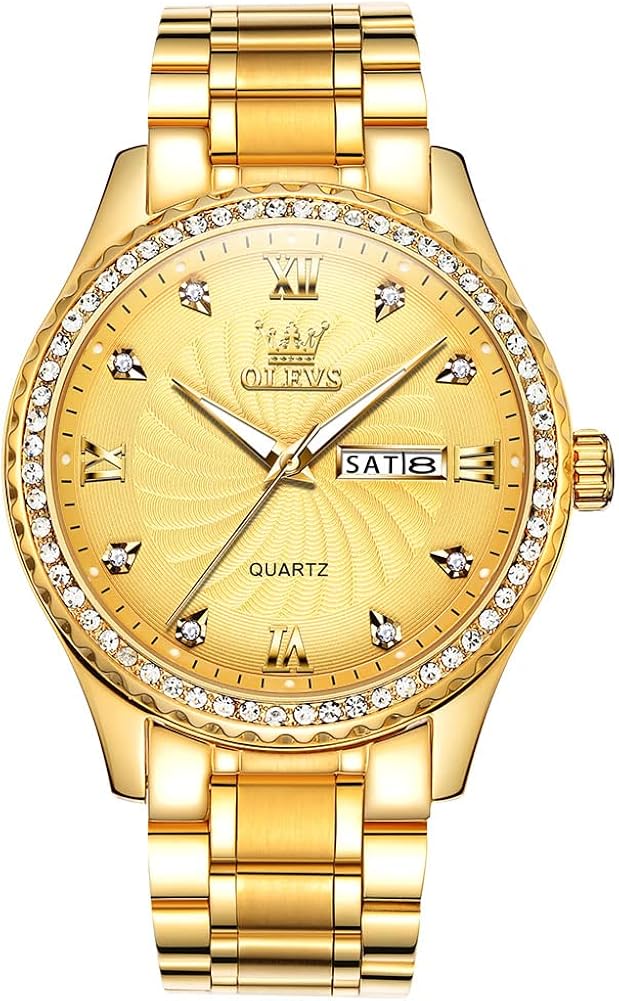 Men's Casual Stainless Steel Watch, Big Face Easy to Read Analog Quartz Watch with Day and Date, Classic Waterproof Diamond Roman Arabic Numerals Dial Dress Watch for Men, Gold Silver Black Band - Image 8