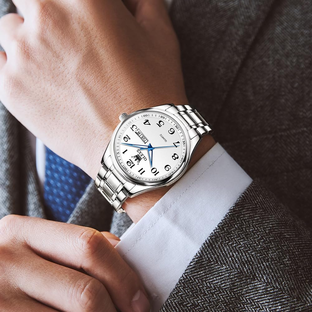 Men's Casual Stainless Steel Watch, Big Face Easy to Read Analog Quartz Watch with Day and Date, Classic Waterproof Diamond Roman Arabic Numerals Dial Dress Watch for Men, Gold Silver Black Band - Image 3