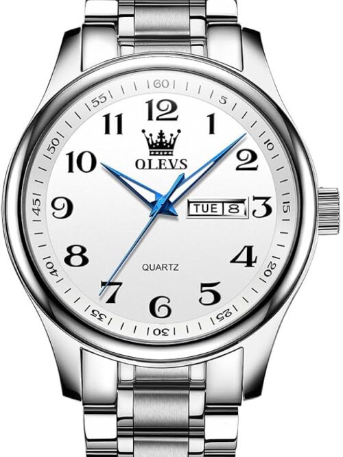 Men's Casual Stainless Steel Watch, Big Face Easy to Read Analog Quartz Watch with Day and Date, Classic Waterproof Diamond Roman Arabic Numerals Dial Dress Watch for Men, Gold Silver Black Band