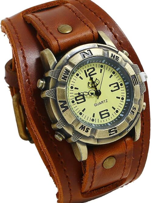 Men's Leather Casual Quartz Watch, Punk Retro Simple Fashion Buckle Strap Leather Casual Cuff Watch