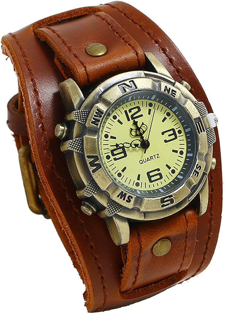 Men's Leather Casual Quartz Watch, Punk Retro Simple Fashion Buckle Strap Leather Casual Cuff Watch
