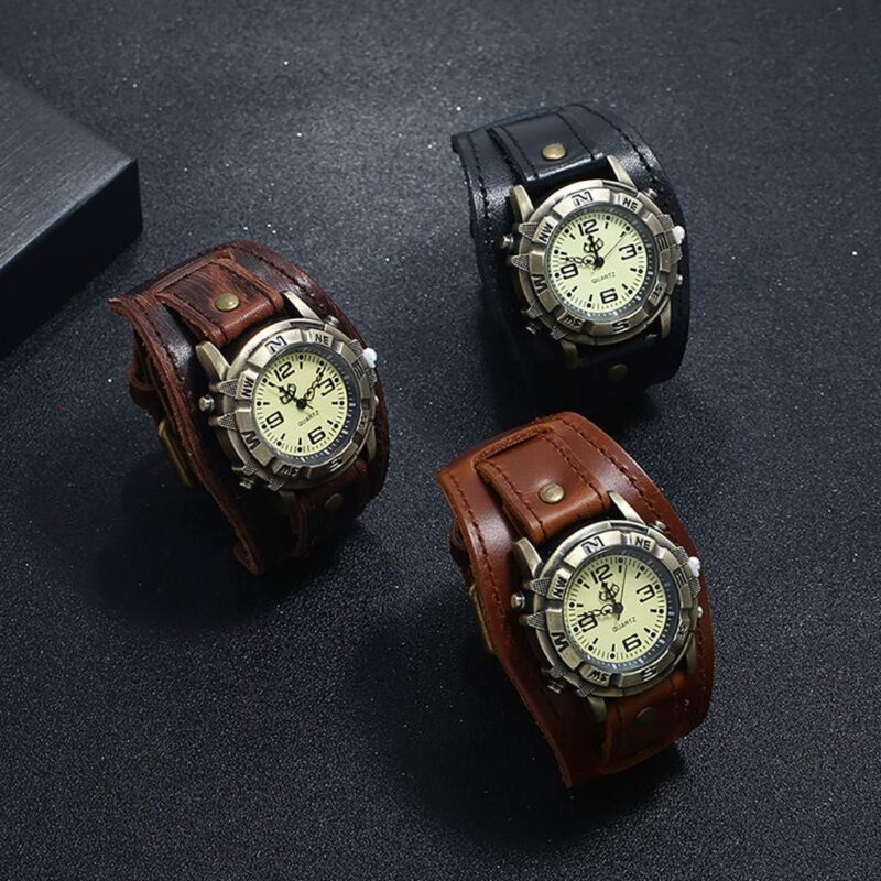 Men's Leather Casual Quartz Watch, Punk Retro Simple Fashion Buckle Strap Leather Casual Cuff Watch - Image 4