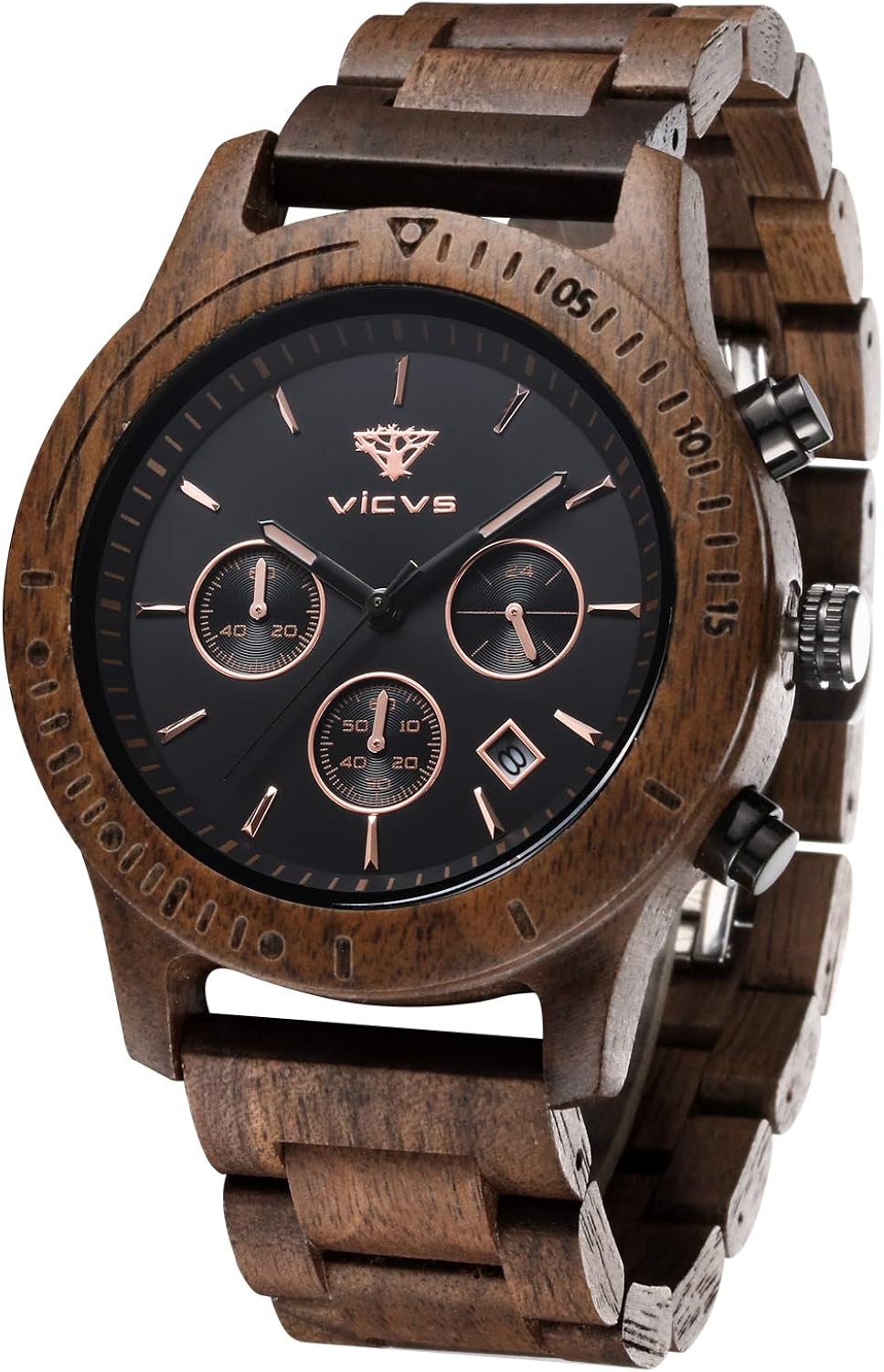 Men's Wooden Watch, VICVS 100% Natural Wood Watch, Japanese Quartz Movement with Date Display Chronograph Function, - Image 9