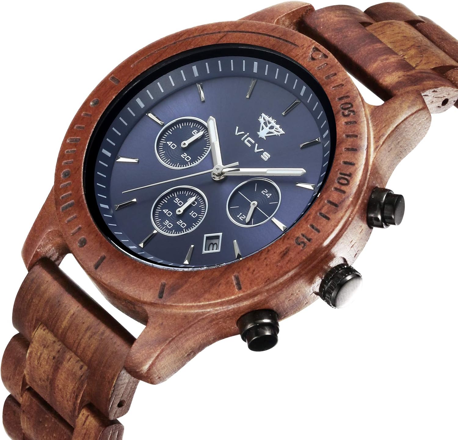 Men's Wooden Watch, VICVS 100% Natural Wood Watch, Japanese Quartz Movement with Date Display Chronograph Function, - Image 2