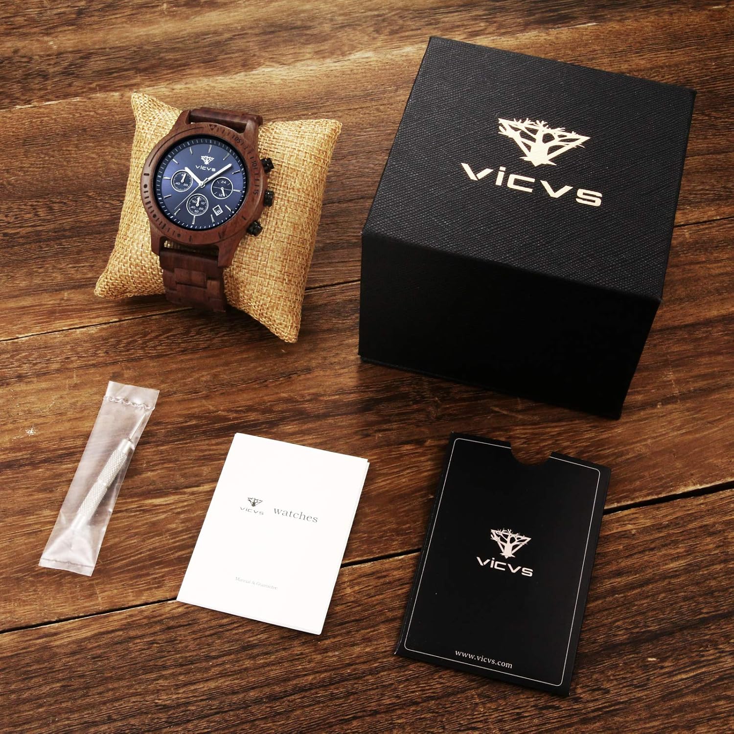 Men's Wooden Watch, VICVS 100% Natural Wood Watch, Japanese Quartz Movement with Date Display Chronograph Function, - Image 6