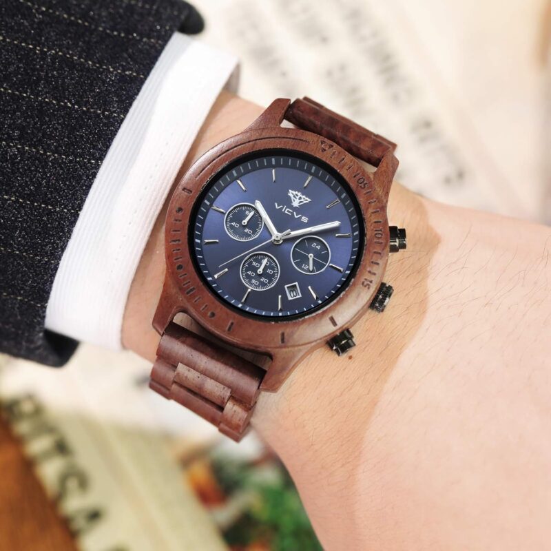 Men's Wooden Watch, VICVS 100% Natural Wood Watch, Japanese Quartz Movement with Date Display Chronograph Function, - Image 4