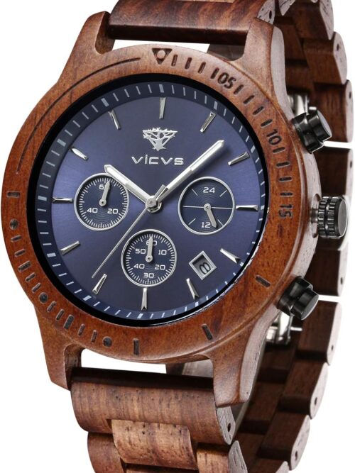 Men's Wooden Watch, VICVS 100% Natural Wood Watch, Japanese Quartz Movement with Date Display Chronograph Function,