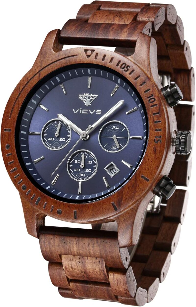 Men's Wooden Watch, VICVS 100% Natural Wood Watch, Japanese Quartz Movement with Date Display Chronograph Function,