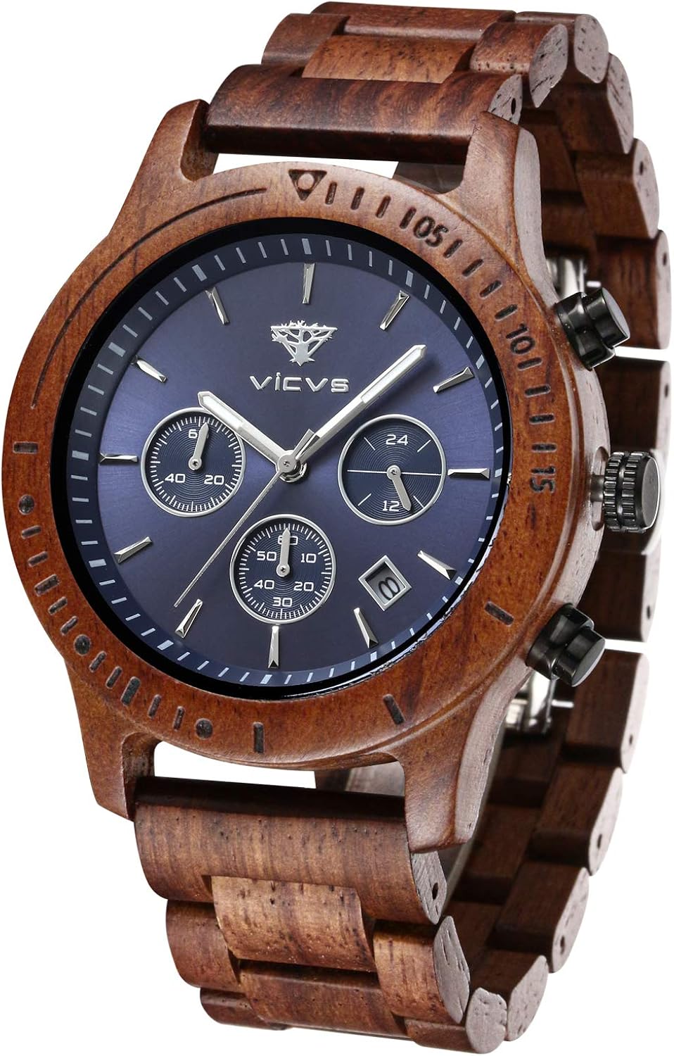 Men's Wooden Watch, VICVS 100% Natural Wood Watch, Japanese Quartz Movement with Date Display Chronograph Function,