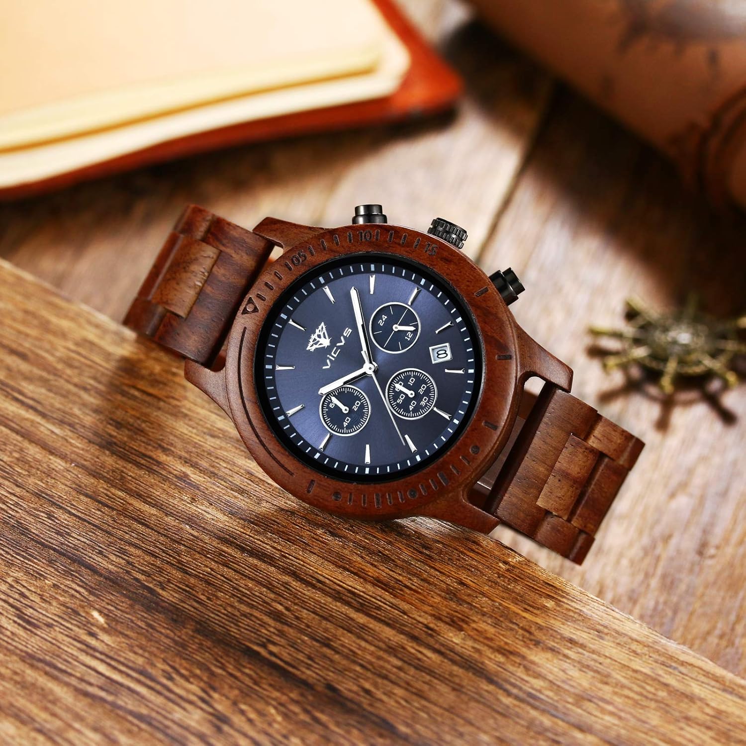 Men's Wooden Watch, VICVS 100% Natural Wood Watch, Japanese Quartz Movement with Date Display Chronograph Function, - Image 3