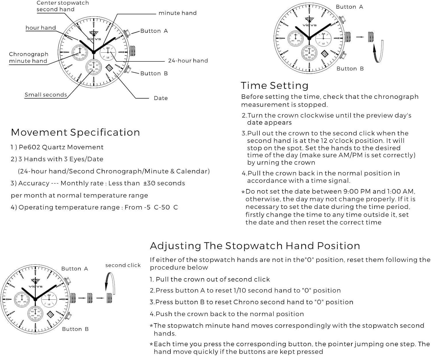 Men's Wooden Watch, VICVS 100% Natural Wood Watch, Japanese Quartz Movement with Date Display Chronograph Function, - Image 7