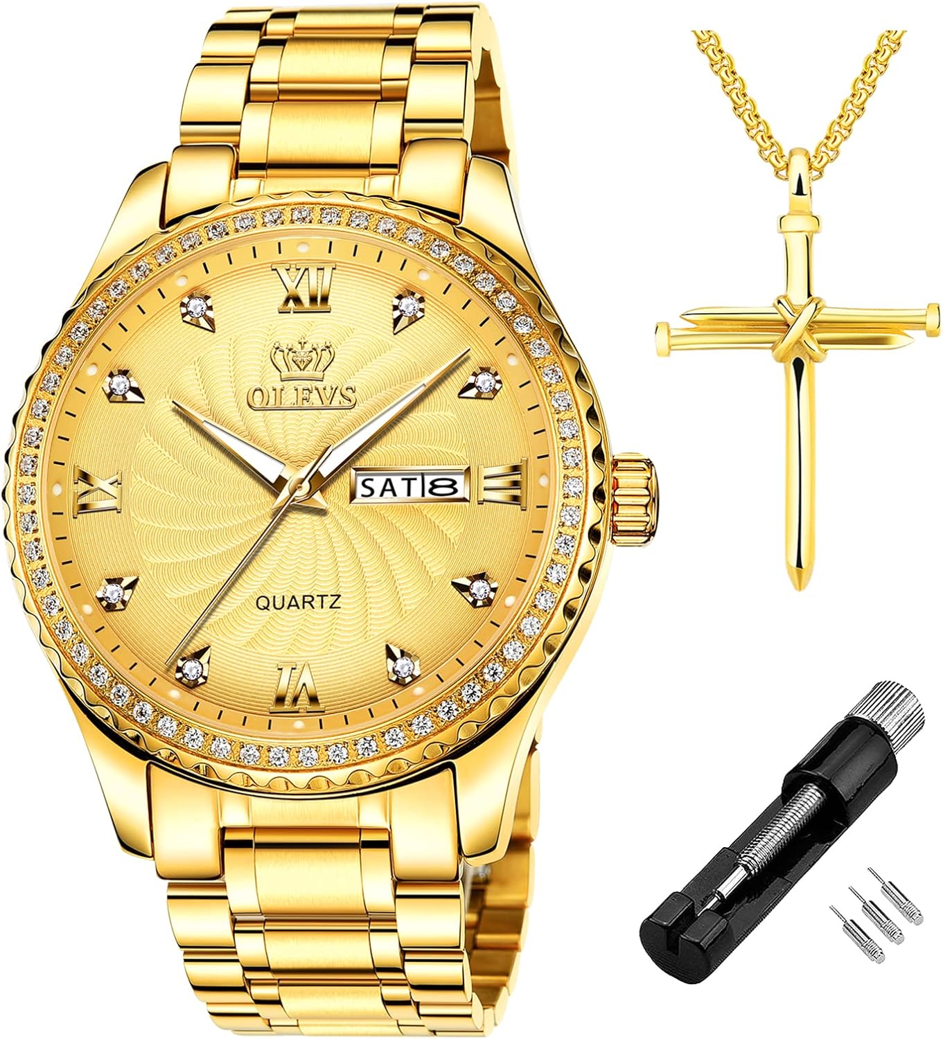 OLEVS Diamond Watches for Men,Business Dress Watch Waterproof Luminous,Male Golden Big Dial Luxury Casual Quartz Analog Watches with Day Date Calendar and Stainless Steel Band - Image 13