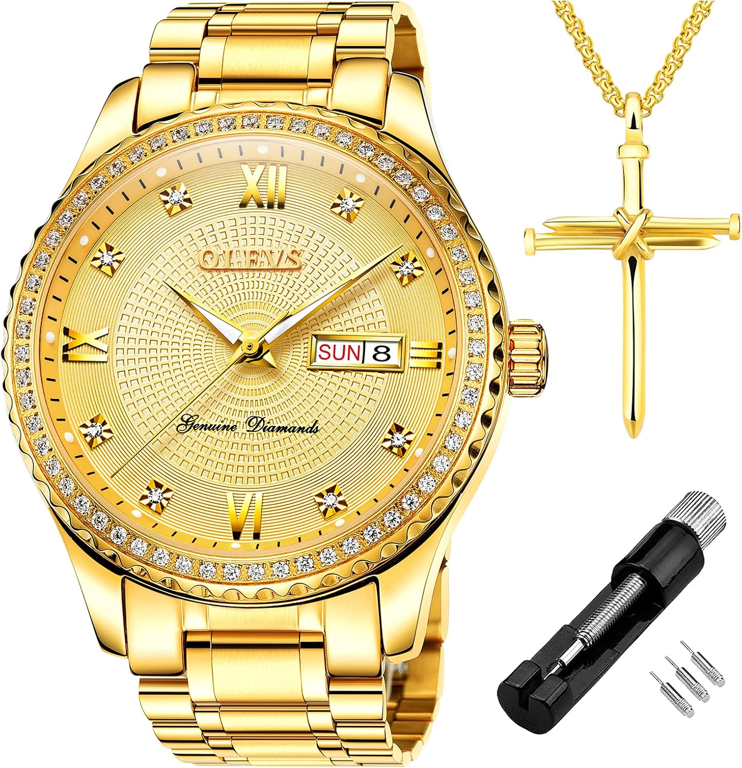 OLEVS Diamond Watches for Men,Business Dress Watch Waterproof Luminous,Male Golden Big Dial Luxury Casual Quartz Analog Watches with Day Date Calendar and Stainless Steel Band