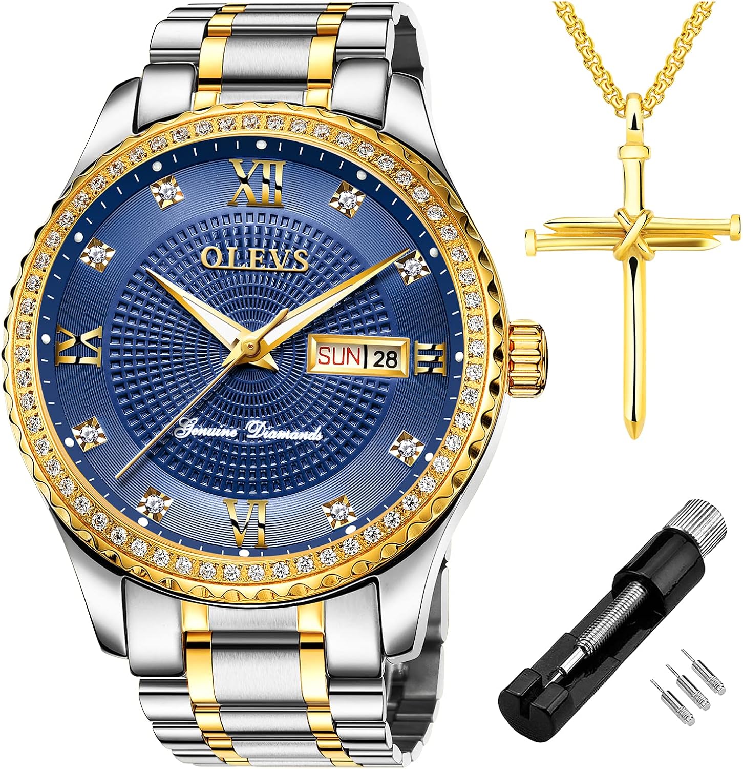 OLEVS Diamond Watches for Men,Business Dress Watch Waterproof Luminous,Male Golden Big Dial Luxury Casual Quartz Analog Watches with Day Date Calendar and Stainless Steel Band - Image 11