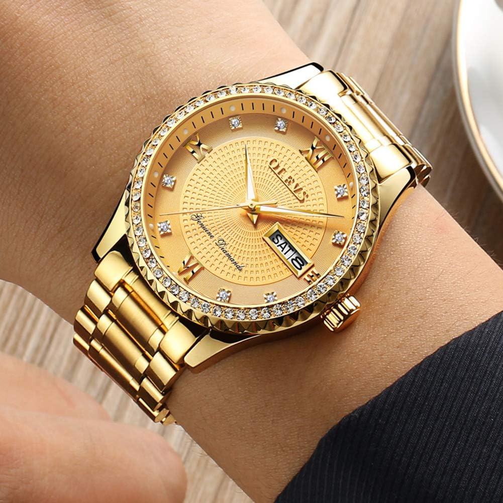 OLEVS Diamond Watches for Men,Business Dress Watch Waterproof Luminous,Male Golden Big Dial Luxury Casual Quartz Analog Watches with Day Date Calendar and Stainless Steel Band - Image 2