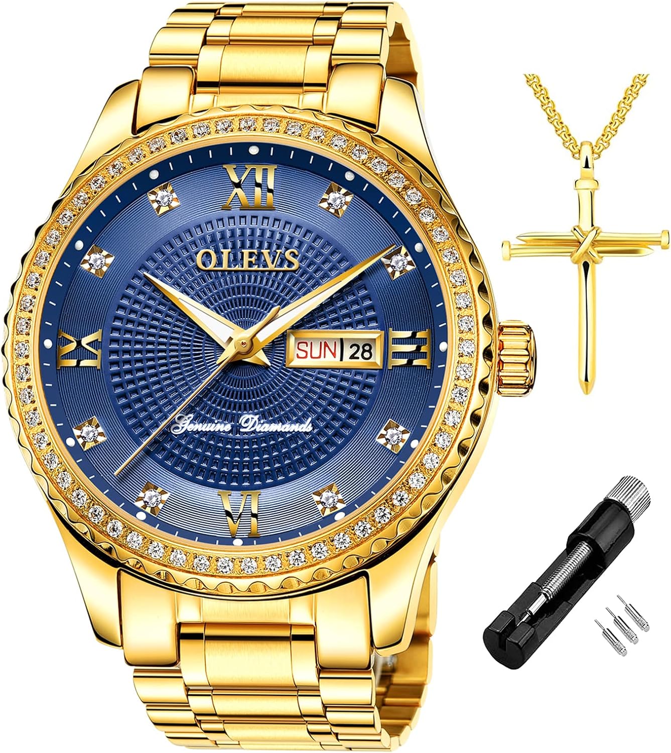OLEVS Diamond Watches for Men,Business Dress Watch Waterproof Luminous,Male Golden Big Dial Luxury Casual Quartz Analog Watches with Day Date Calendar and Stainless Steel Band - Image 14