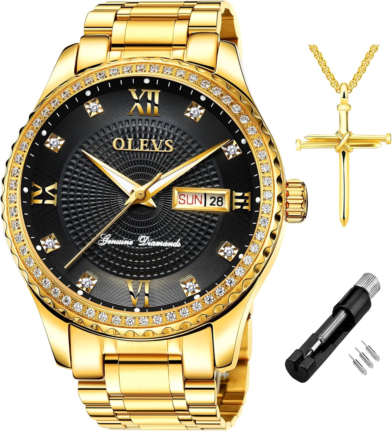 OLEVS Diamond Watches for Men,Business Dress Watch Waterproof Luminous,Male Golden Big Dial Luxury Casual Quartz Analog Watches with Day Date Calendar and Stainless Steel Band - Image 17