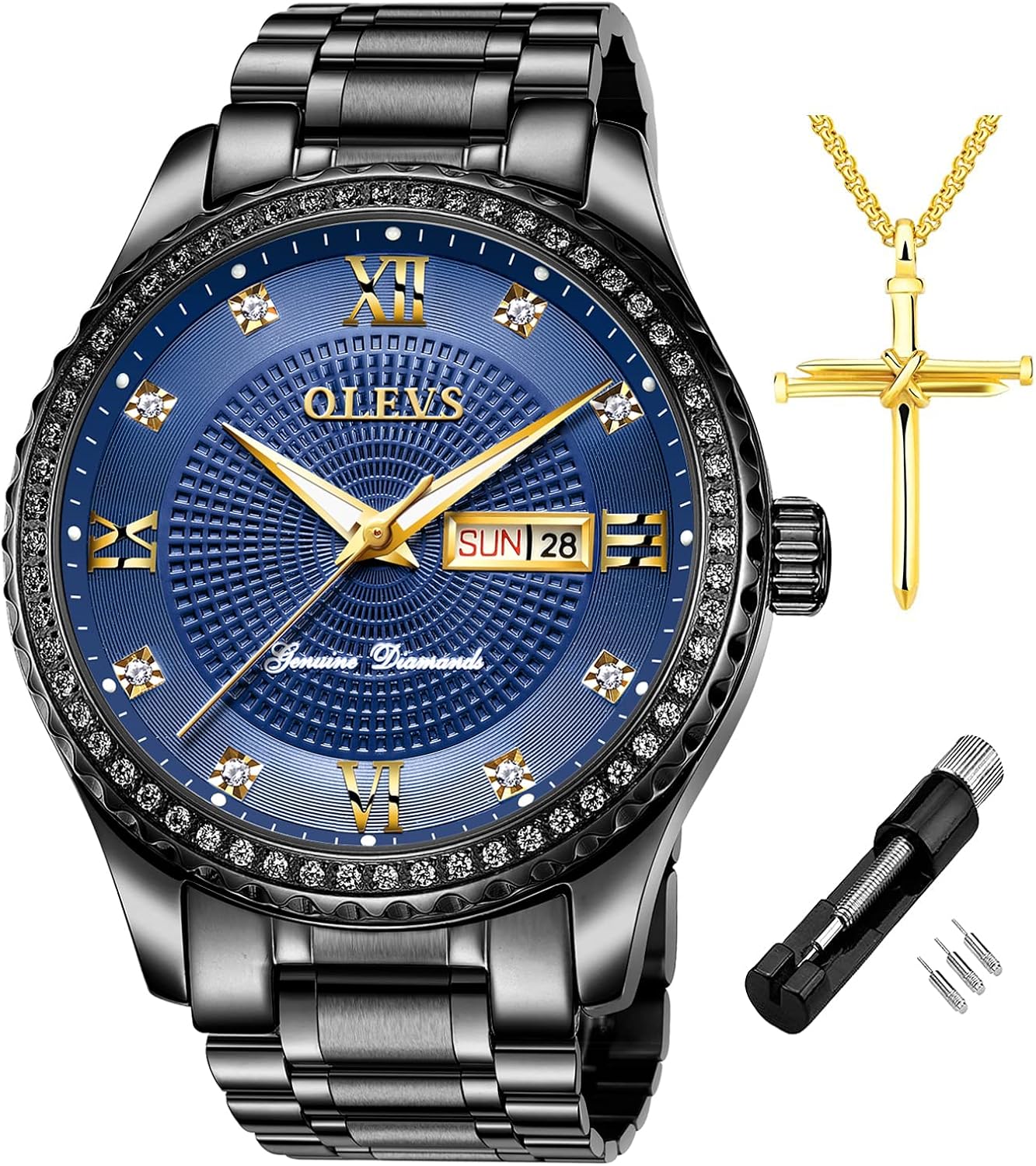 OLEVS Diamond Watches for Men,Business Dress Watch Waterproof Luminous,Male Golden Big Dial Luxury Casual Quartz Analog Watches with Day Date Calendar and Stainless Steel Band - Image 8