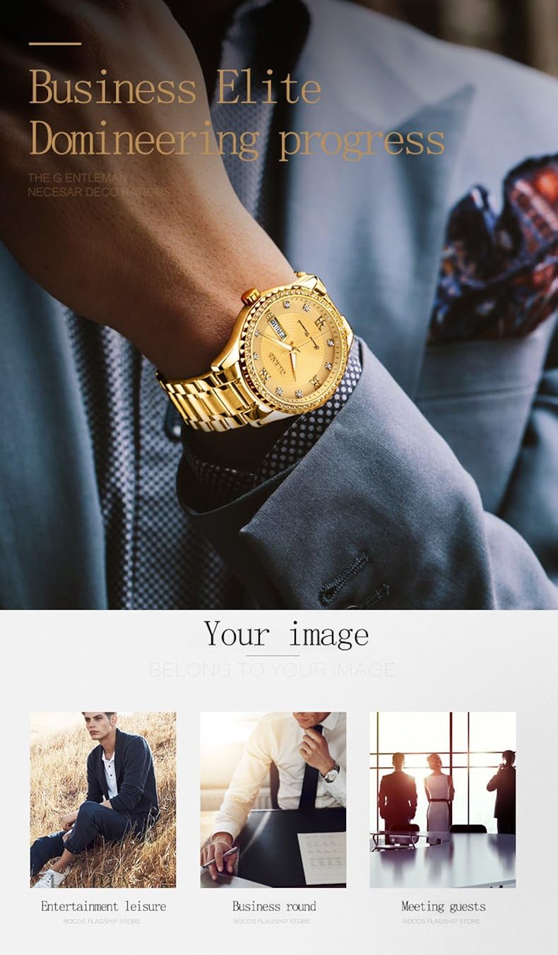 OLEVS Diamond Watches for Men,Business Dress Watch Waterproof Luminous,Male Golden Big Dial Luxury Casual Quartz Analog Watches with Day Date Calendar and Stainless Steel Band - Image 6