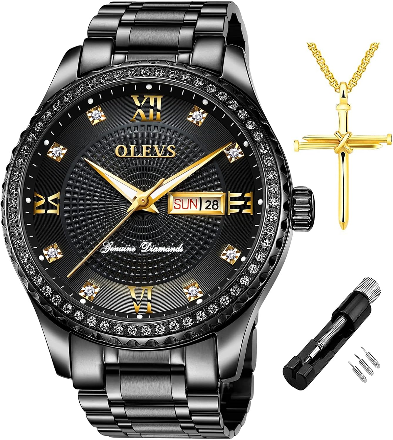 OLEVS Diamond Watches for Men,Business Dress Watch Waterproof Luminous,Male Golden Big Dial Luxury Casual Quartz Analog Watches with Day Date Calendar and Stainless Steel Band - Image 10