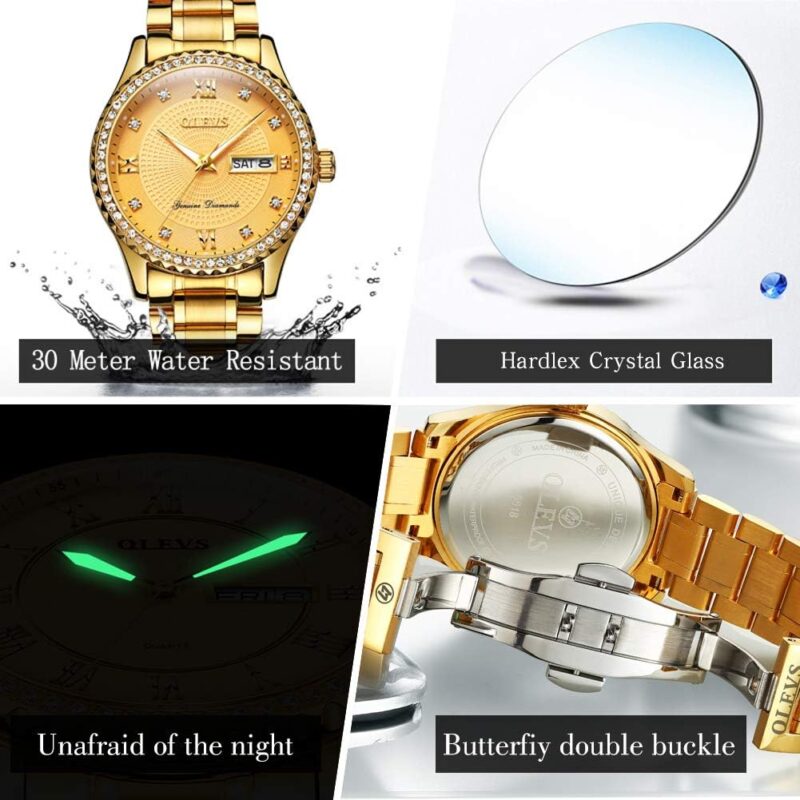 OLEVS Diamond Watches for Men,Business Dress Watch Waterproof Luminous,Male Golden Big Dial Luxury Casual Quartz Analog Watches with Day Date Calendar and Stainless Steel Band - Image 3