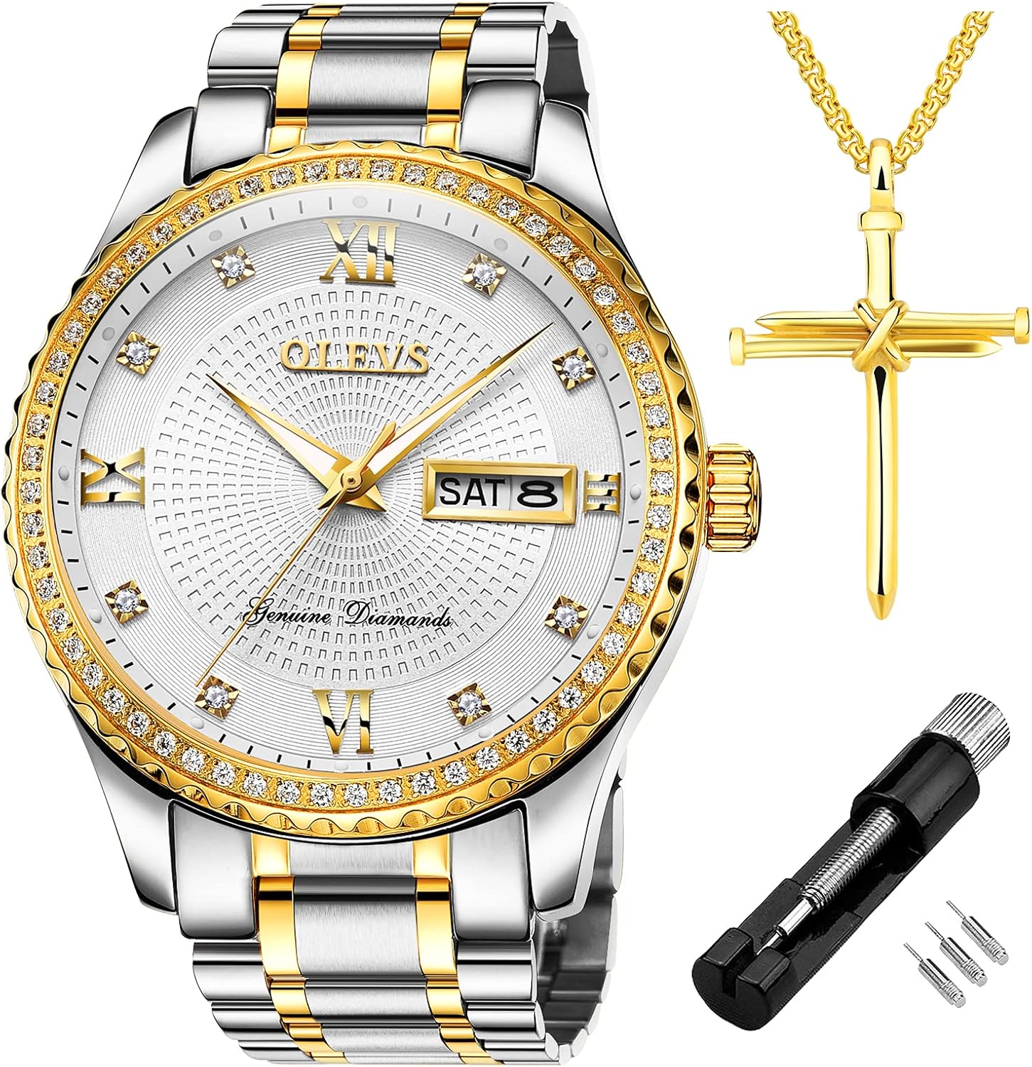 OLEVS Diamond Watches for Men,Business Dress Watch Waterproof Luminous,Male Golden Big Dial Luxury Casual Quartz Analog Watches with Day Date Calendar and Stainless Steel Band - Image 12