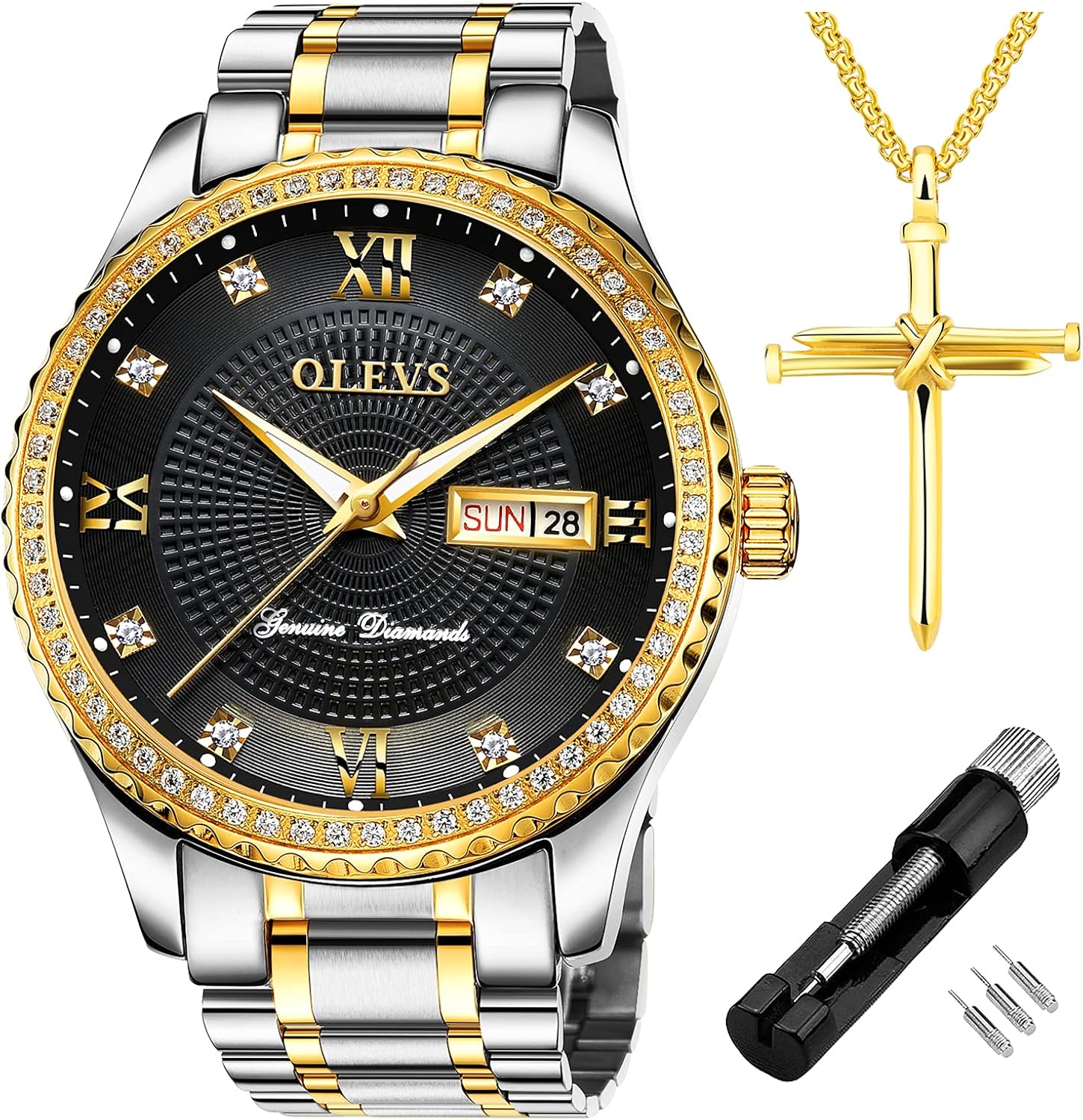 OLEVS Diamond Watches for Men,Business Dress Watch Waterproof Luminous,Male Golden Big Dial Luxury Casual Quartz Analog Watches with Day Date Calendar and Stainless Steel Band - Image 9