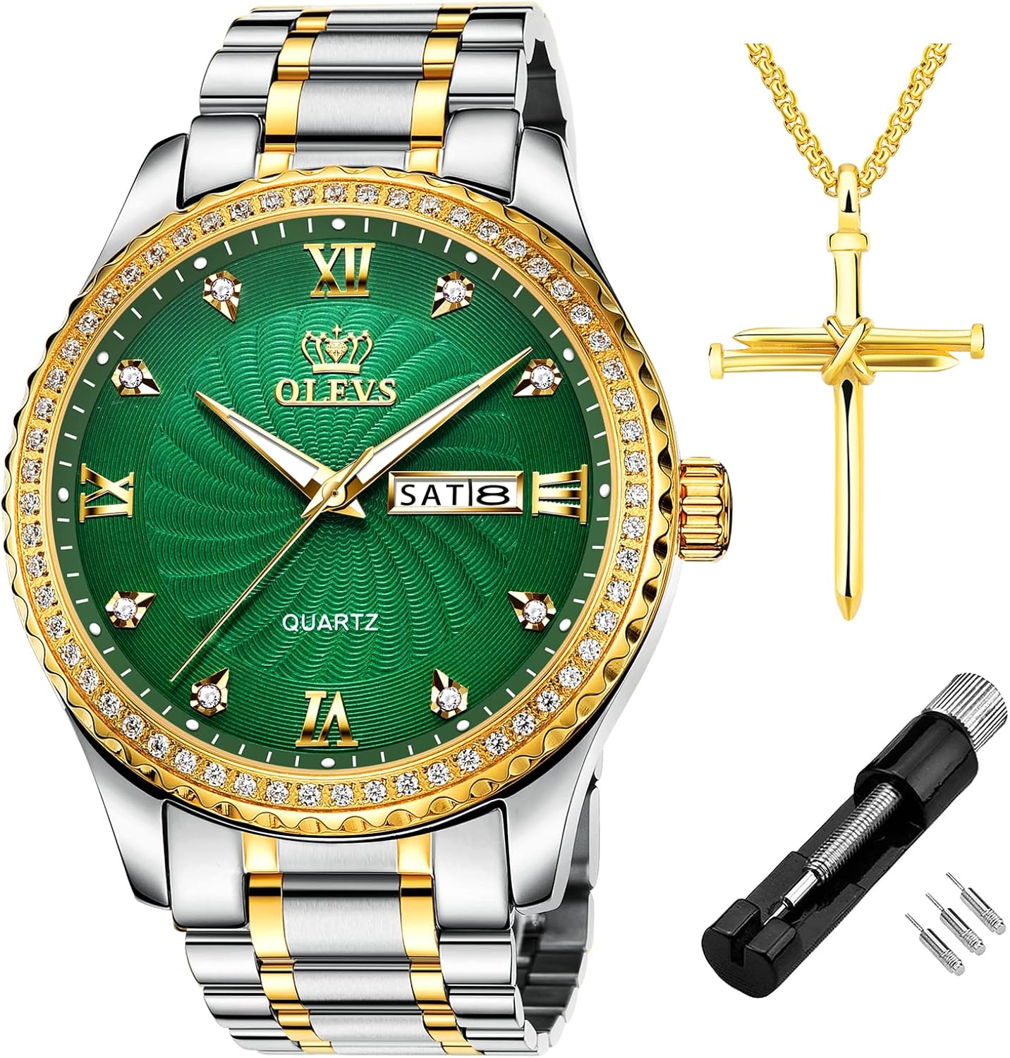 OLEVS Diamond Watches for Men,Business Dress Watch Waterproof Luminous,Male Golden Big Dial Luxury Casual Quartz Analog Watches with Day Date Calendar and Stainless Steel Band - Image 16