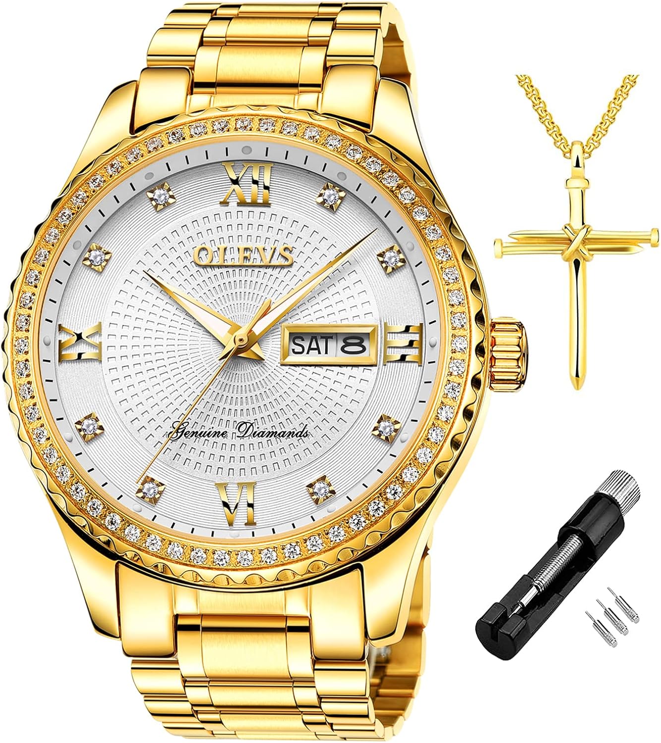 OLEVS Diamond Watches for Men,Business Dress Watch Waterproof Luminous,Male Golden Big Dial Luxury Casual Quartz Analog Watches with Day Date Calendar and Stainless Steel Band - Image 15