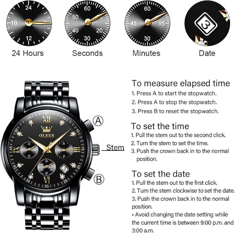 OLEVS Men's Stainless Steel Chronograph Watch, Big Face Gold Silver Black Tone Easy to Read Analog Quartz Watch, Luxury Waterproof Date Diamond Roman Arabic Numerals Dial Dress Watch for Men - Image 6