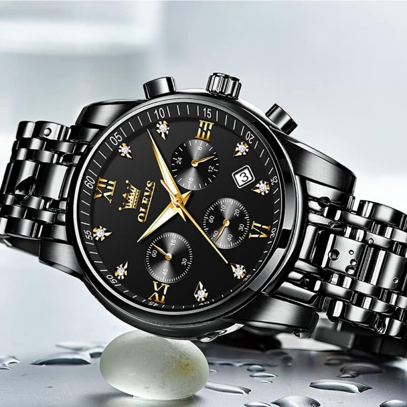 OLEVS Men's Stainless Steel Chronograph Watch, Big Face Gold Silver Black Tone Easy to Read Analog Quartz Watch, Luxury Waterproof Date Diamond Roman Arabic Numerals Dial Dress Watch for Men - Image 4