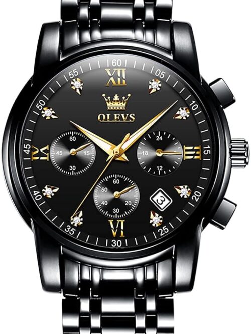 OLEVS Men's Stainless Steel Chronograph Watch, Big Face Gold Silver Black Tone Easy to Read Analog Quartz Watch, Luxury Waterproof Date Diamond Roman Arabic Numerals Dial Dress Watch for Men