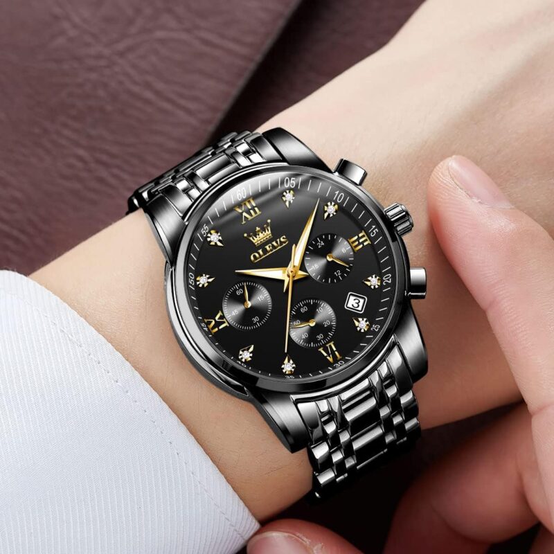 OLEVS Men's Stainless Steel Chronograph Watch, Big Face Gold Silver Black Tone Easy to Read Analog Quartz Watch, Luxury Waterproof Date Diamond Roman Arabic Numerals Dial Dress Watch for Men - Image 2