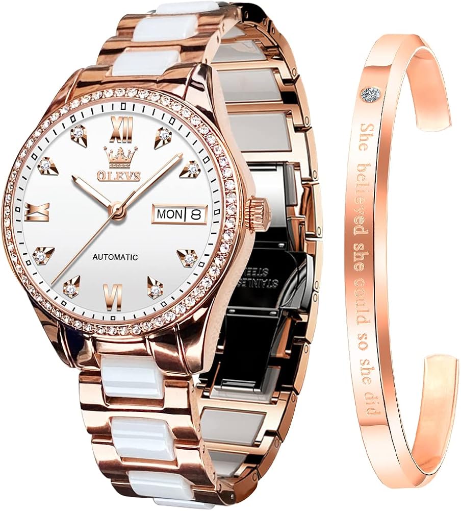 OLEVS Watch for Women Automatic Self Winding Mechanical Ladies Wrist Watch Big face Two Tone Stainless Steel Ceramic Bracelet Heart Diamond Fashion Luxury Ceramic Band Luminous Waterproof\u2026 - Image 10