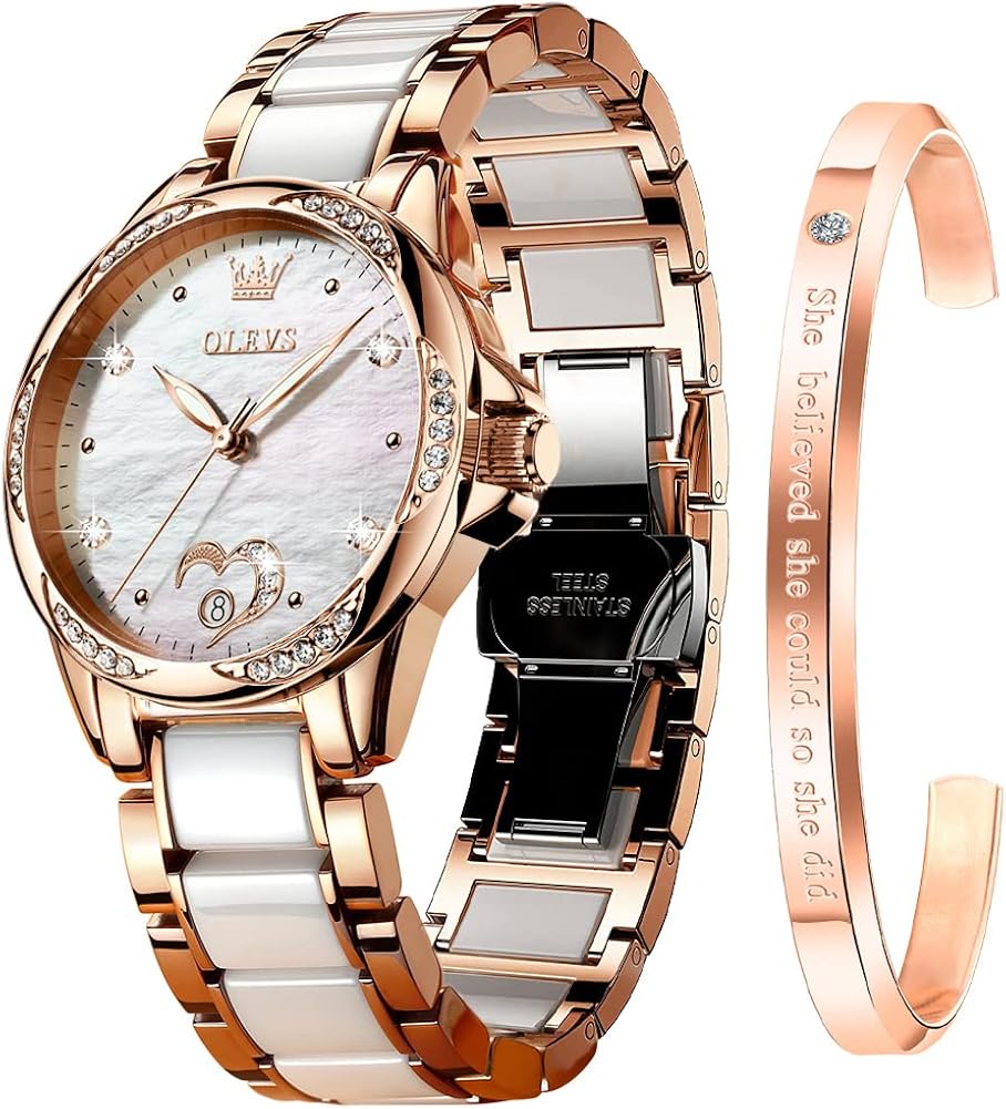 OLEVS Watch for Women Automatic Self Winding Mechanical Ladies Wrist Watch Big face Two Tone Stainless Steel Ceramic Bracelet Heart Diamond Fashion Luxury Ceramic Band Luminous Waterproof\u2026 - Image 12