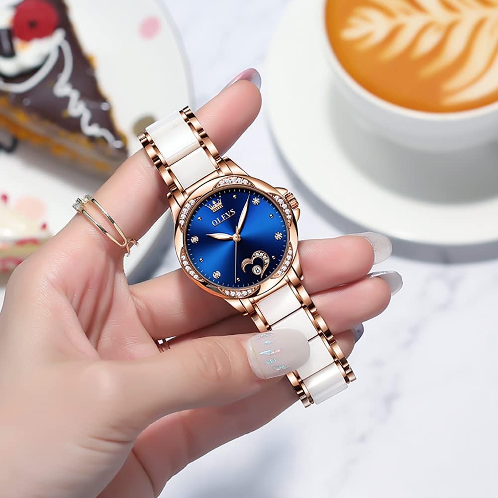 OLEVS Watch for Women Automatic Self Winding Mechanical Ladies Wrist Watch Big face Two Tone Stainless Steel Ceramic Bracelet Heart Diamond Fashion Luxury Ceramic Band Luminous Waterproof\u2026 - Image 3