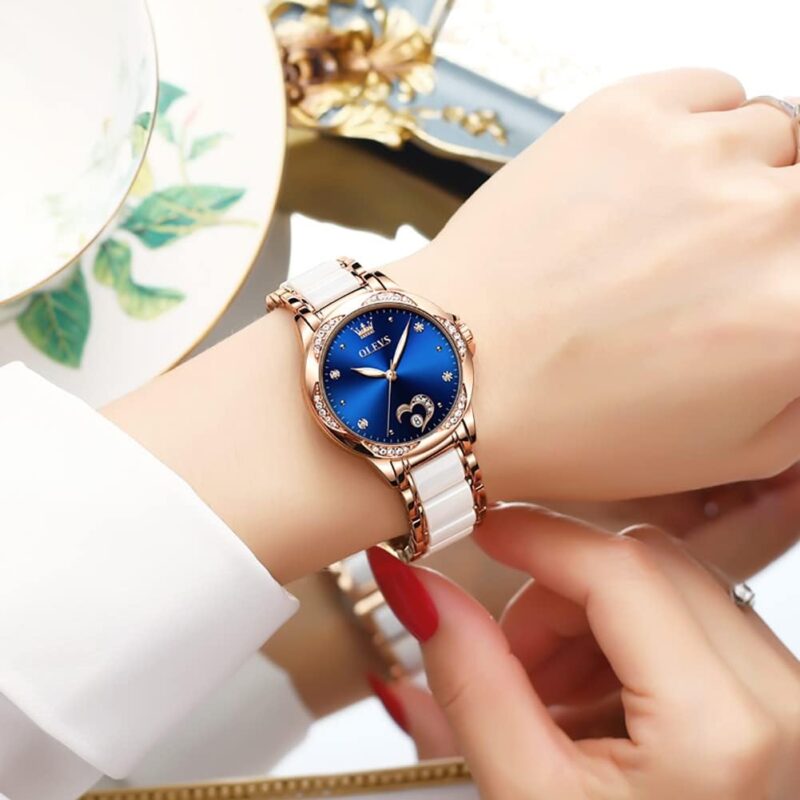 OLEVS Watch for Women Automatic Self Winding Mechanical Ladies Wrist Watch Big face Two Tone Stainless Steel Ceramic Bracelet Heart Diamond Fashion Luxury Ceramic Band Luminous Waterproof\u2026 - Image 2