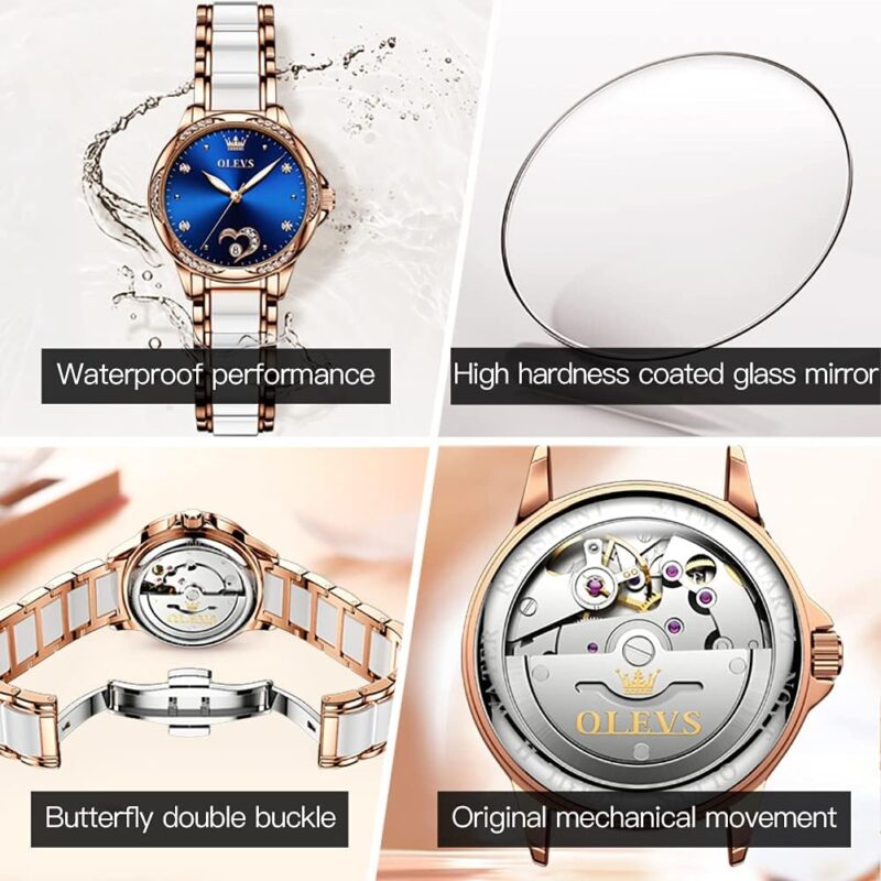 OLEVS Watch for Women Automatic Self Winding Mechanical Ladies Wrist Watch Big face Two Tone Stainless Steel Ceramic Bracelet Heart Diamond Fashion Luxury Ceramic Band Luminous Waterproof\u2026 - Image 4