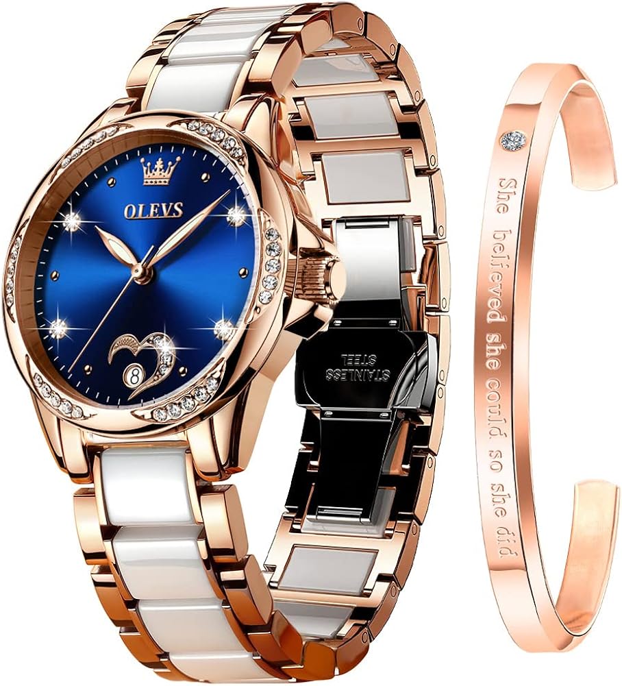 OLEVS Watch for Women Automatic Self Winding Mechanical Ladies Wrist Watch Big face Two Tone Stainless Steel Ceramic Bracelet Heart Diamond Fashion Luxury Ceramic Band Luminous Waterproof\u2026